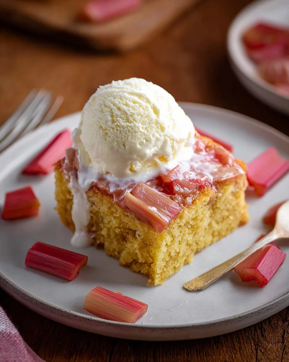 Delicious rhubarb cake topped with homemade rhubarb sauce on a white plate.