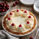 Delicious root beer float pie topped with creamy whipped cream and root beer syrup.