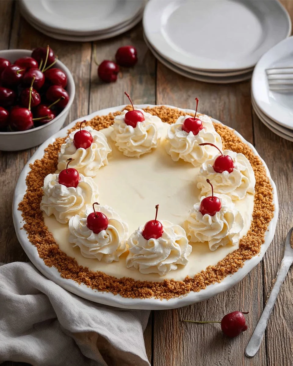 Delicious root beer float pie topped with creamy whipped cream and root beer syrup.