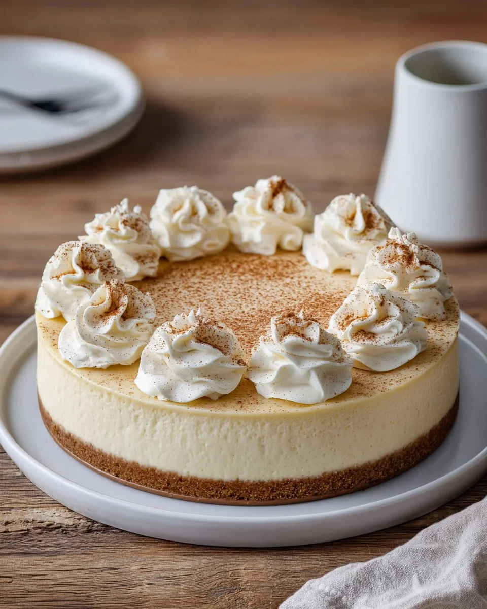 Delicious slice of RumChata Cheesecake topped with whipped cream and cinnamon.