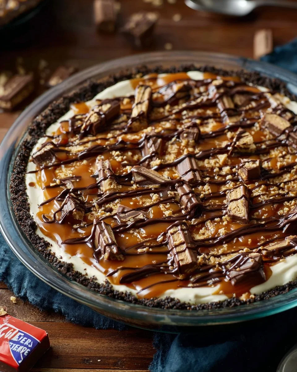 Delicious Snickers Pie topped with caramel, chocolate, and peanuts