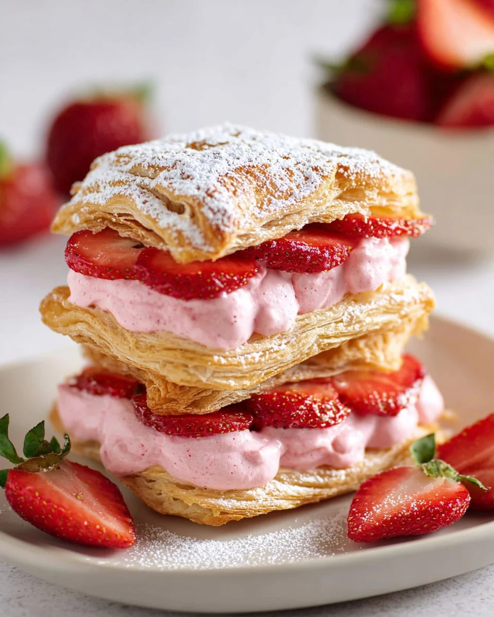 Strawberry cheesecake napoleon dessert with layers of flaky pastry and fresh strawberries