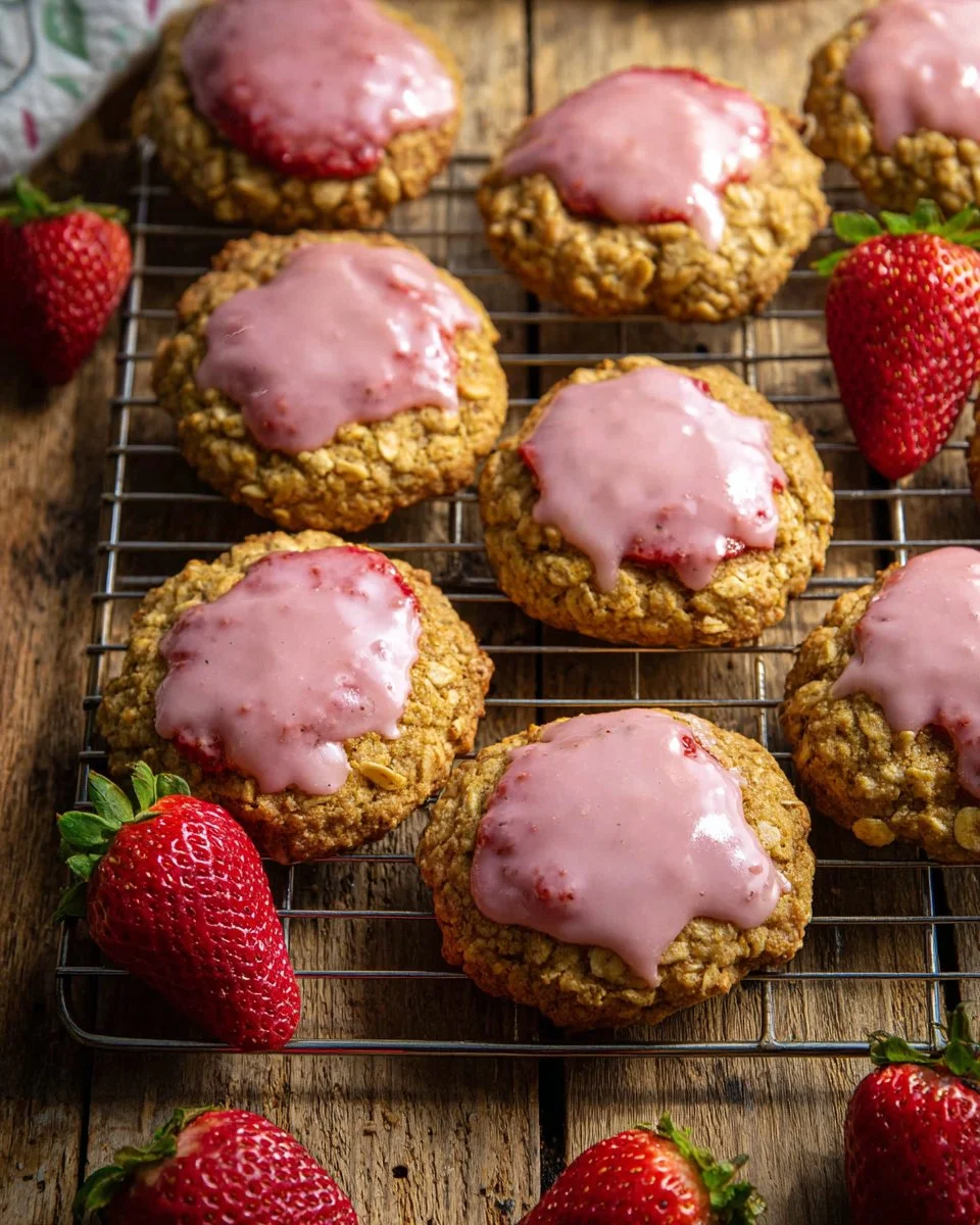 Strawberry iced oatmeal cookies on a plate with fresh strawberries