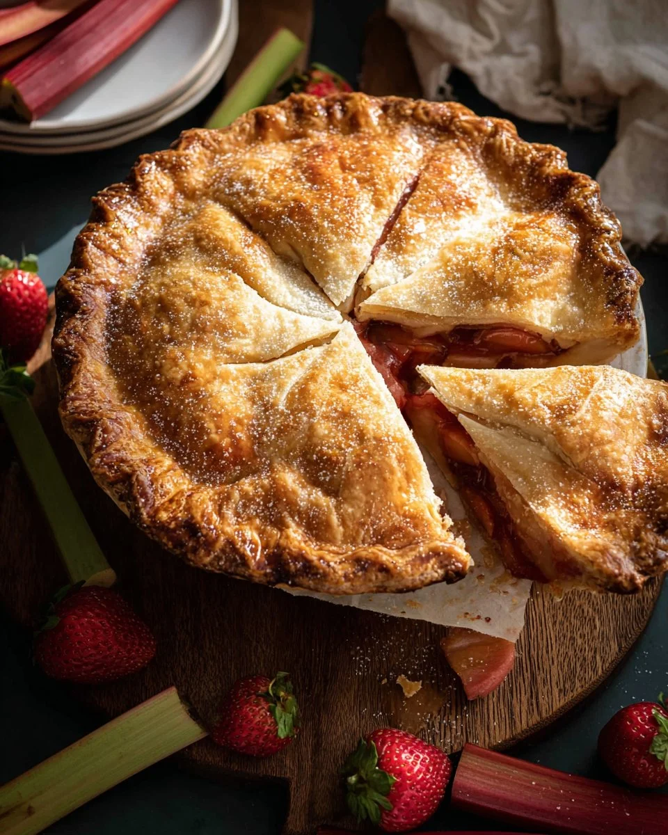 Freshly baked strawberry rhubarb pie with golden crust and vibrant filling