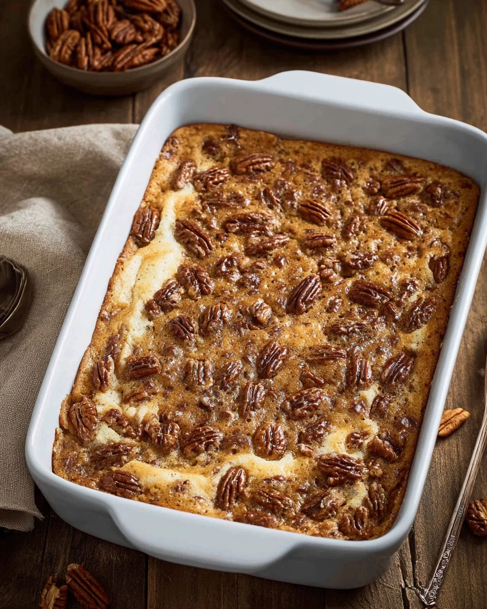 Delicious Sweet Potato Dump Cake topped with whipped cream and pecans