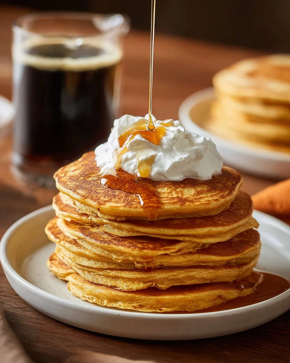Delicious and fluffy sweet potato pancakes topped with syrup and berries.