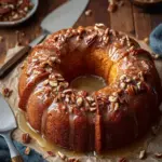 Delicious sweet potato pound cake topped with cream frosting on a plate.