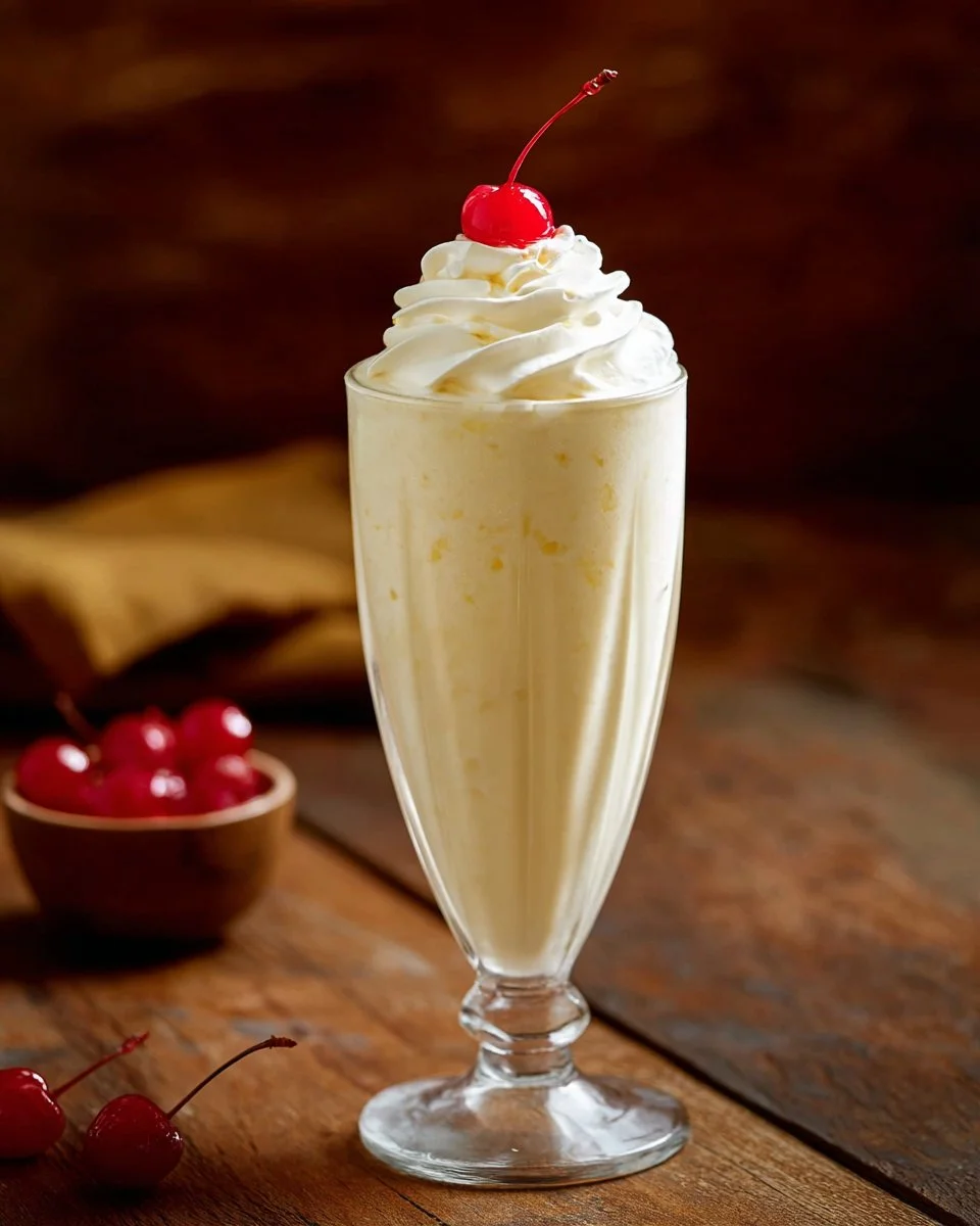 Delicious vanilla milkshake topped with whipped cream and a cherry